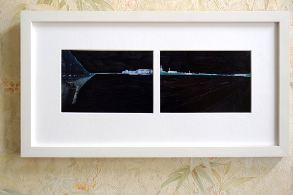 river horizon (linear#1), 2013, Copic Marker auf mattem Photo, Gerahmt hinter Glas, weiße Holzrahmung, Bildmaße: 2-fach, je 10 x 15 cm, Rahmenmaße: 43 x 22,5 cm