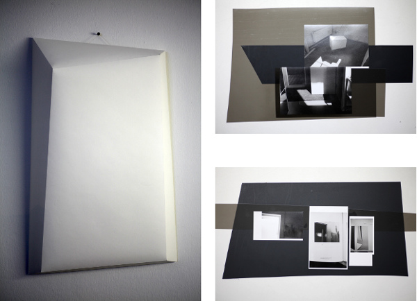 Nida Series 2015, 2015: "an object is pure provocation" shadow objects white Nr 2, 2015 Aquarellpapier weiß, 55 x 35 x 10 cm/Reenactement Robertas Kanys 1985 Nr. 2 (Nr. 3297), 2015; Fotocollage: C-Print, Hartfolie Venezia schwarz matt, Transcolor grau, 20 x 30 cm/Reenactement Visvaldas Dragunas 1982 und Ugné Straigyte 2013 (Nr. 3305), 2015; Fotocollage: C-Print, Hartfolie Venezia schwarz matt, Transcolor grau, 30 x 50 cm